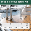 Marine Stainless Steel 316 Eye Screw Pin Long D Shackle, Sailing Rigging Connector for Rope, Chain, and Cable - PACK 5
