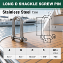 Marine Stainless Steel 316 Eye Screw Pin Long D Shackle, Sailing Rigging Connector for Rope, Chain, and Cable - PACK 5