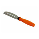 Simple hand scraper with bright orange handle and riveted metal blade