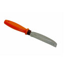 Single-edge scraper tool with orange handle lying on white background