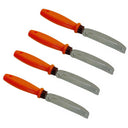Orange shop tool with flat metal edge for peeling or scraping surfaces