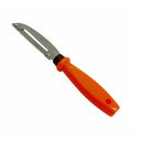 Single-edge scraper tool with orange handle lying on white background