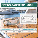 T316 Stainless Steel Gate Snap Hook, Marine Grade Carabiner Clip for Rigging, Sailing, Rope, Cable, and Outdoor Use - PACK 5