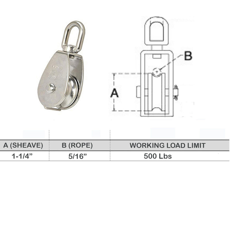 1-1/4" Single Pulley Block,316 Stainless Steel,Pulley Block Wheel Swivel Lifting