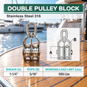 316 Stainless Steel Double Pulley with Swivel Eye, Marine Hoist Lifting Pulley Block for Rope, Cable, and Rigging