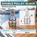 316 Stainless Steel Double Pulley with Swivel Eye, Marine Hoist Lifting Pulley Block for Rope, Cable, and Rigging