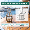 316 Stainless Steel Double Pulley with Swivel Eye, Marine Hoist Lifting Pulley Block for Rope, Cable, and Rigging