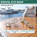 T316 Stainless Steel Swivel Eye Bolt Snap Hook, Marine Grade Boat Clip for Rigging, Sailing, Dock, and Deck Hardware - PACK 5