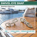 T316 Stainless Steel Swivel Eye Bolt Snap Hook, Marine Grade Boat Clip for Rigging, Sailing, Dock, and Deck Hardware - PACK 5