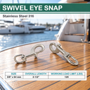 T316 Stainless Steel Swivel Eye Bolt Snap Hook, Marine Grade Boat Clip for Rigging, Sailing, Dock, and Deck Hardware - PACK 5