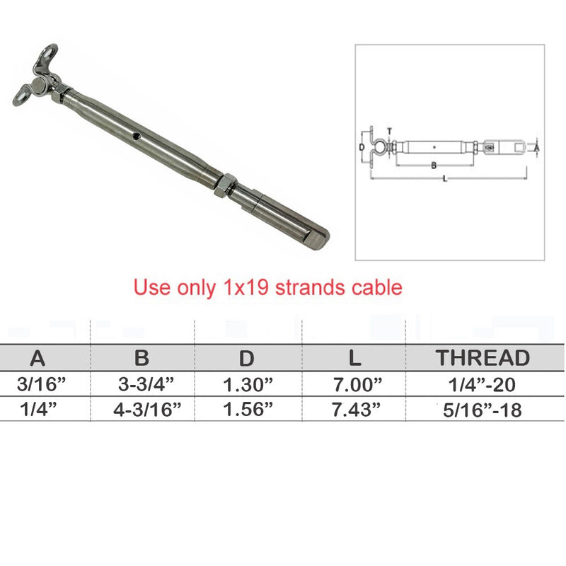 Push And Go Deck Toggle Turnbuckle For 1/4", 3/16" Cable T316 Stainless Steel
