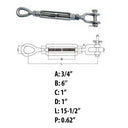 Mil-Spec 3/4" x 6" Jaw & Eye Turnbuckle 5200 Lb WLL Stainless Steel Drop Forged