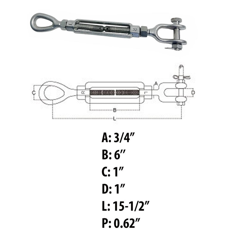 Mil-Spec 3/4" x 6" Jaw & Eye Turnbuckle 5200 Lb WLL Stainless Steel Drop Forged