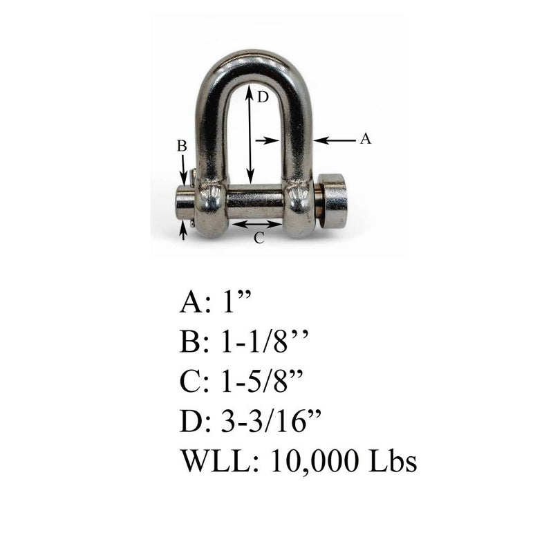 Mil-Spec Forged 1" Marine Round Pin Chain Shackle 10,000 Lb WLL Stainless Steel