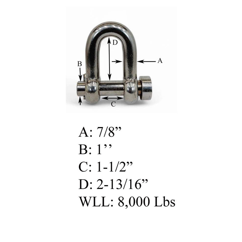 Mil-Spec Forged 7/8" Marine Round Pin Chain Shackle 8,000 Lb WLL Stainless Steel