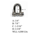 Mil-Spec Forged 3/4" Marine Round Pin Chain Shackle 6,000 Lb WLL Stainless Steel