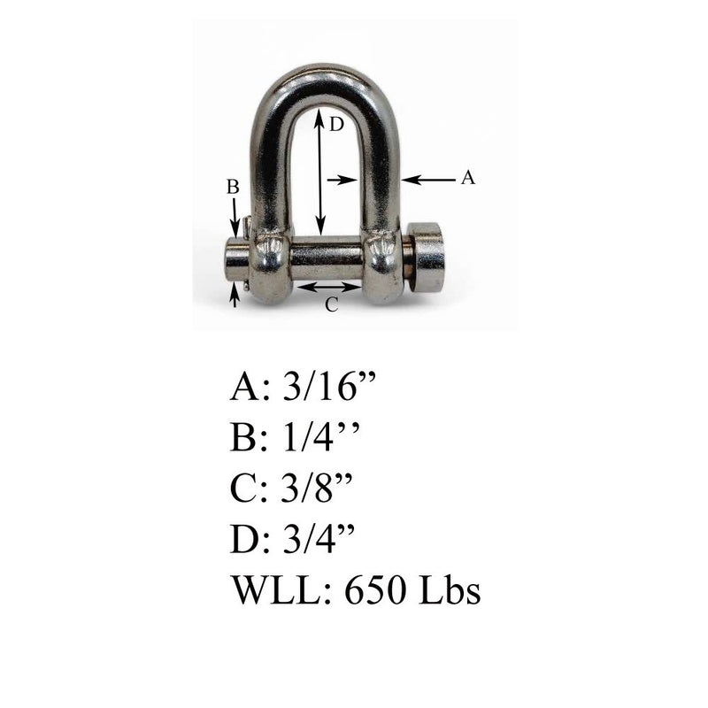 Mil-Spec Forged 3/16" Round Pin Chain Shackle 650 Lb WLL Stainless Steel T316