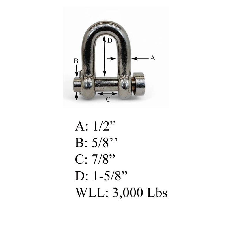 Mil-Spec Forged 1/2" Round Pin Chain Shackle 3,000 Lb WLL Stainless Steel T316