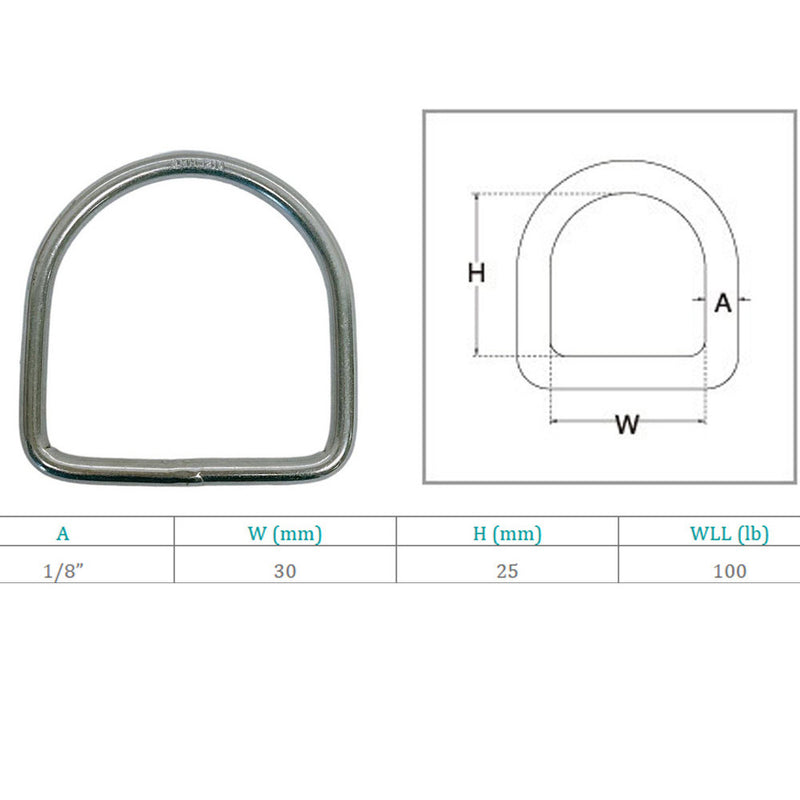 Marine Stainless Steel 1/8" D-Ring 100 Lbs WLL D Ring Welded Yacht Sailing 4 Pcs