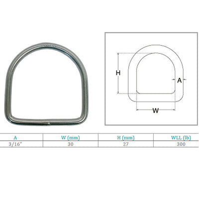 Marine Stainless Steel 3/16" D-Ring 300 Lb WLL D Ring Welded Yacht Sailing 4 Pcs