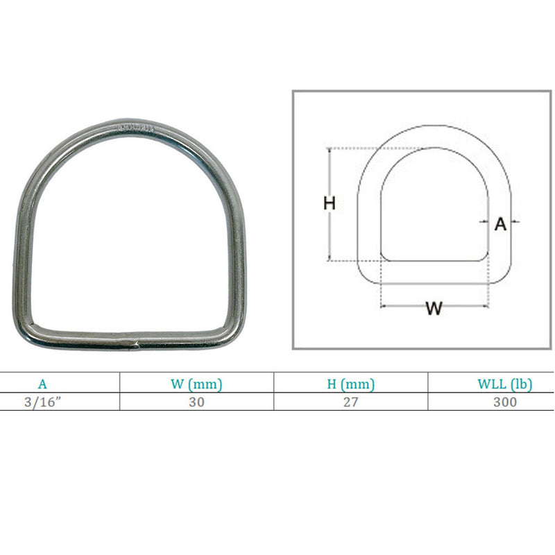 Marine Stainless Steel 3/16" D-Ring 300 Lb WLL D Ring Welded Yacht Sailing 4 Pcs