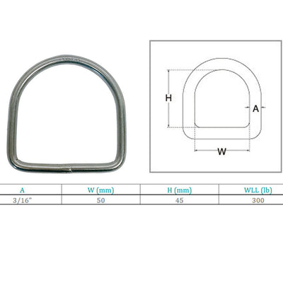 Marine Stainless Steel 3/16" D-Ring Welded, 45mm Height 300 Lbs WLL Sailing