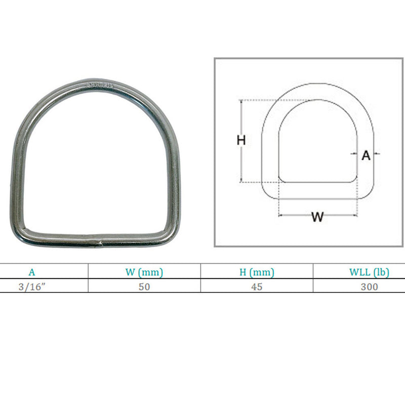 Marine Stainless Steel 3/16" D-Ring Welded, 45mm Height 300 Lbs WLL Sailing