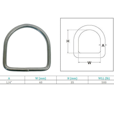 Marine Stainless Steel 1/4" D-Ring Welded, 35mm Height 500 Lbs WLL Sailing