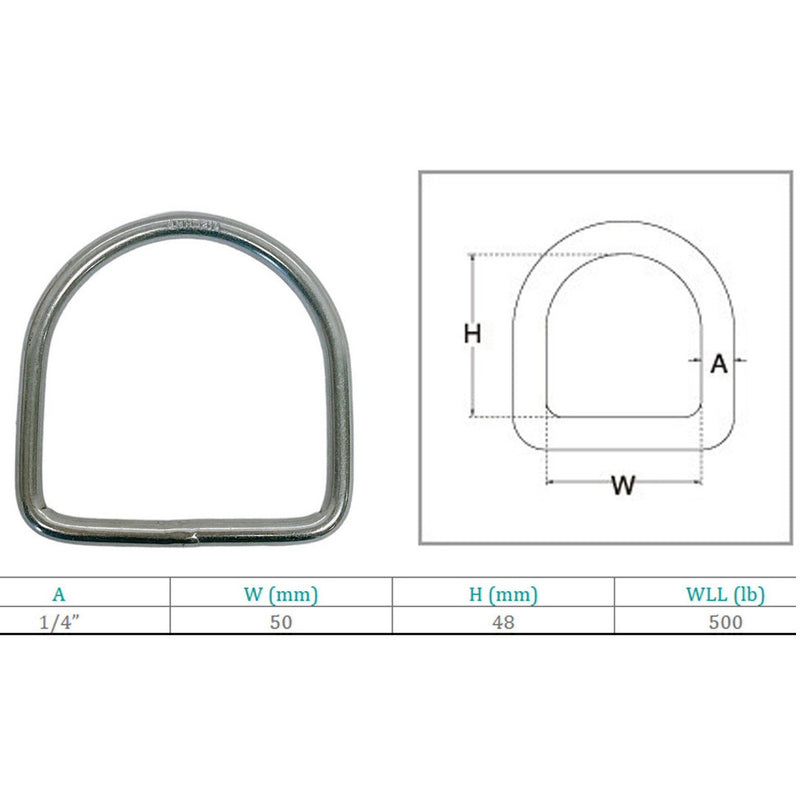 Marine Stainless Steel 1/4" D-Ring Welded, 48mm Height 500 Lbs WLL Sailing 4 Pcs