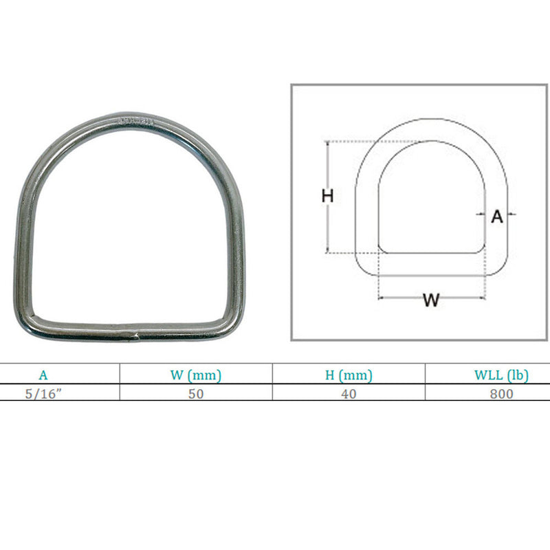 Marine Stainless Steel 5/16" D-Ring Welded, 40mm Height 800 Lbs WLL Sailing