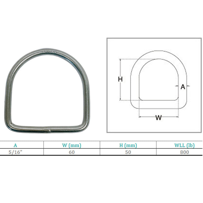 Marine Stainless Steel 5/16" D-Ring Welded, 50mm Height 800 Lbs WLL Sailing
