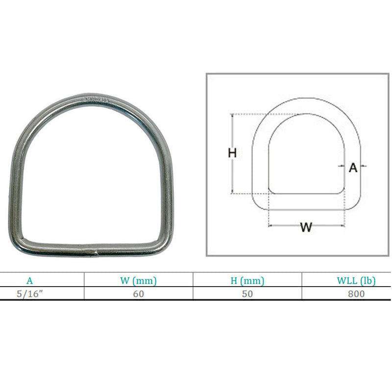 Marine Stainless Steel 5/16" D-Ring Welded,50mm Height 800 Lbs WLL Sailing 4 Pcs