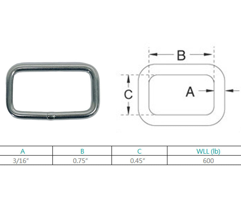 Marine Boat Stainless Steel 3/16" Rectangle Ring 600 Lbs WLL Yacht Sailing
