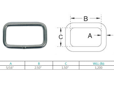 Marine Boat Stainless Steel 5/16" Rectangle Ring 1200 Lbs WLL Yacht Sailing