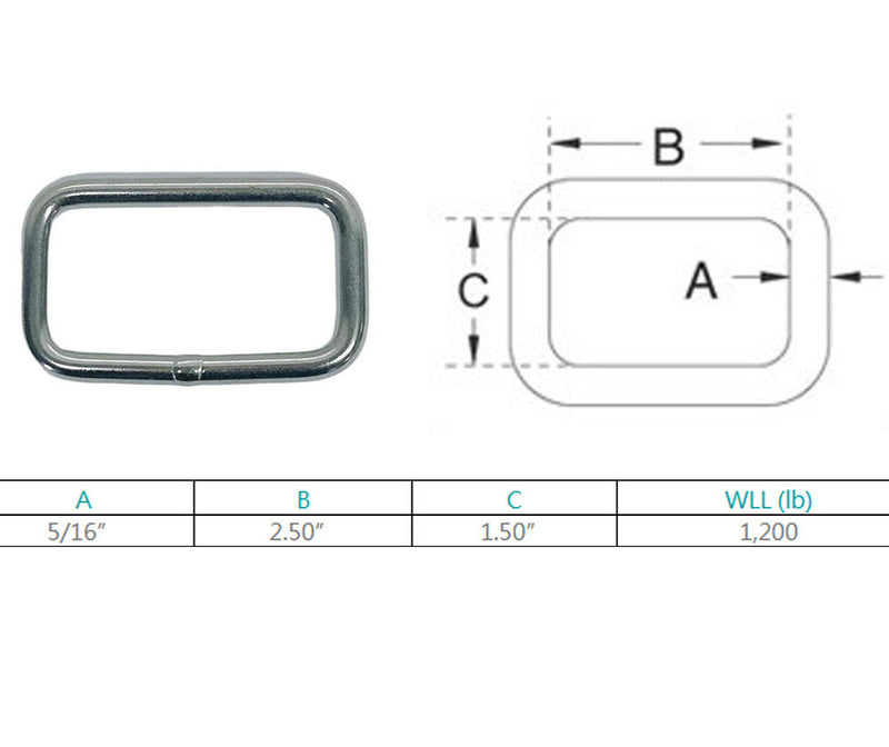 Marine Boat Stainless Steel 5/16" Rectangle Ring 1200 Lbs WLL Yacht Sailing