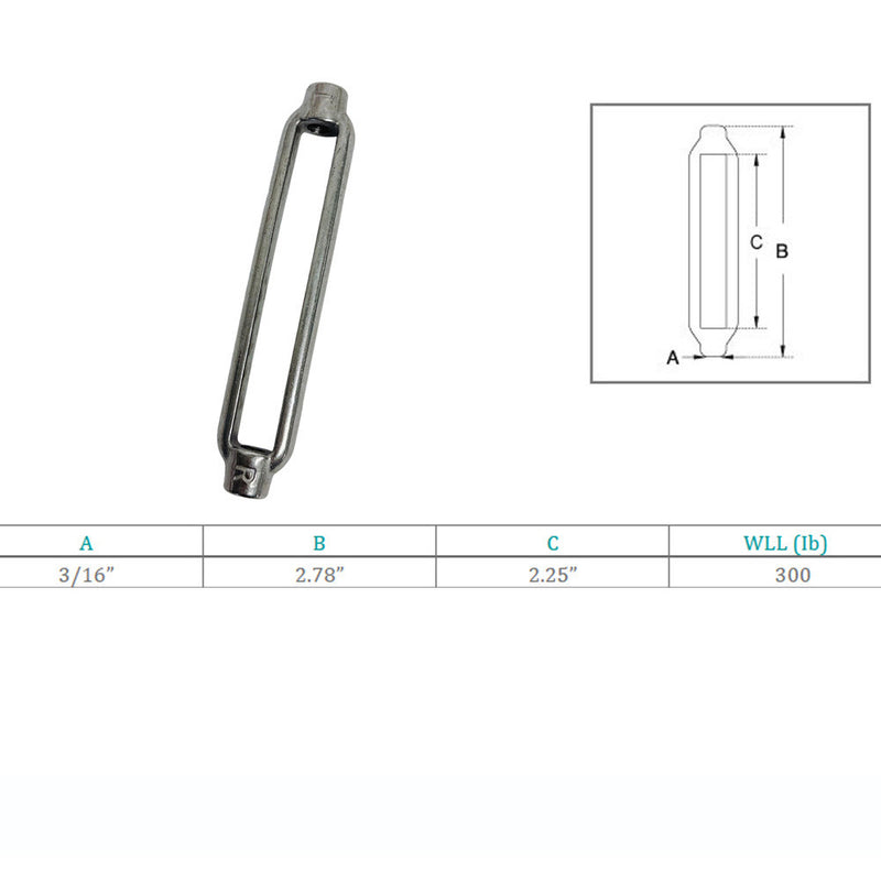 Marine Grade 3/16" x 2-1/4" Turnbuckle Body 300 Lbs WLL, Stainless Steel 4 Pcs