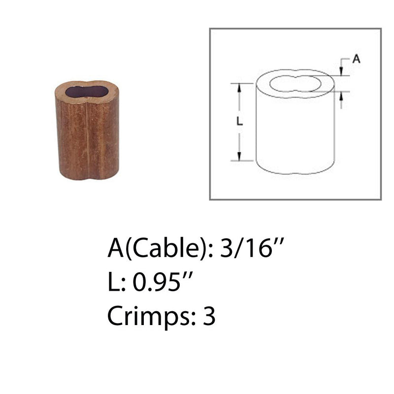 3/16" Copper Crimping Loop Sleeve Wire Rope Sleeves Double Barrel Ferrule 2 Pc