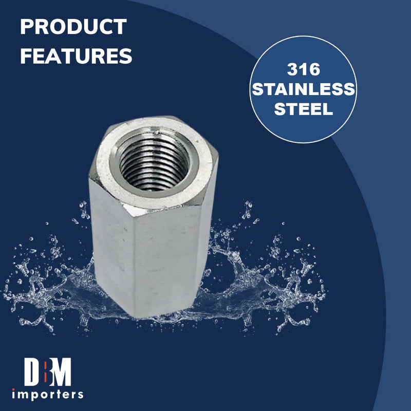 Marine Grade 5/16" Coupling Nut Connecting Nut Fully Thread Stainless Steel 4Pcs