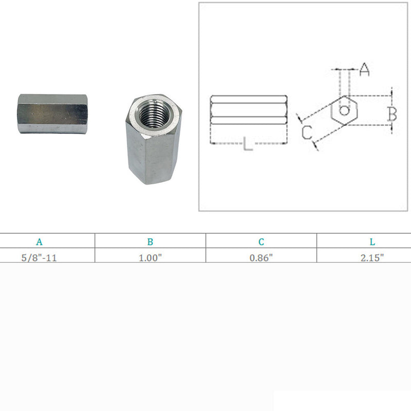 Marine Grade 5/8" Coupling Nut Connecting Nut Fully Thread Stainless Steel 4 Pcs