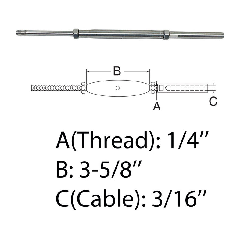 1/4" Thread Rod & HAND SWAGE Stud Turnbuckle 3/16" Cable T316 Stainless Steel