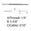 1/4" Thread Rod & Swage Stud Turnbuckle 3/16" Cable T316 Stainless Steel 4 Pcs