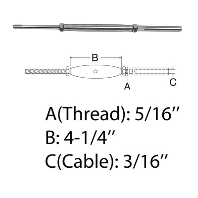 5/16" Thread Rod & Swage Stud Turnbuckle 3/16" Cable T316 Stainless Steel T316