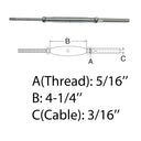 5/16" Thread Rod & Swage Stud Turnbuckle 3/16" Cable T316 Stainless Steel 4 Pcs