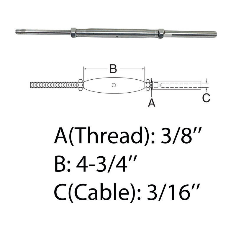 3/8" Thread Rod & Swage Stud Turnbuckle 3/16" Cable T316 Stainless Steel T316