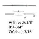 3/8" Thread Rod & Swage Stud Turnbuckle 3/16" Cable T316 Stainless Steel 4 Pcs