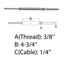 3/8" Thread Rod & Swage Stud Turnbuckle 1/4" Cable T316 Stainless Steel T316