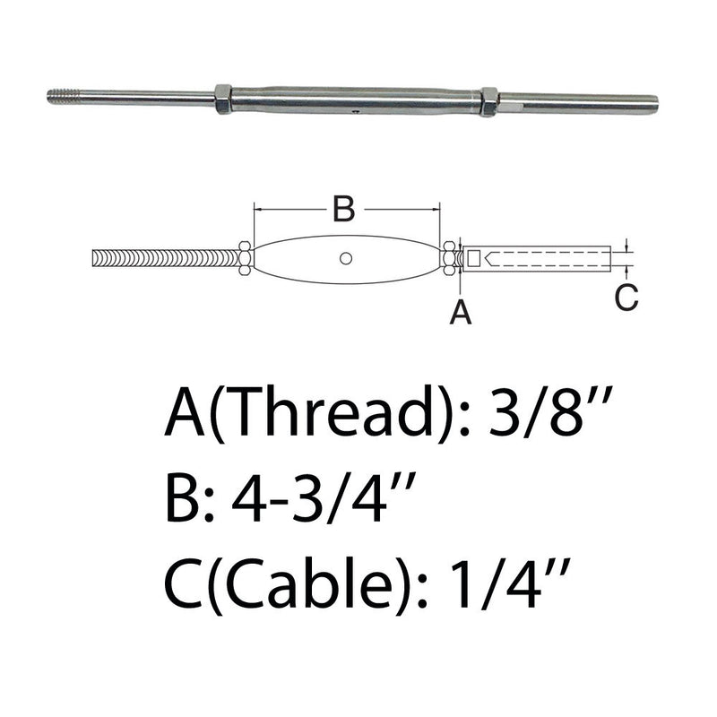 3/8" Thread Rod & Swage Stud Turnbuckle 1/4" Cable T316 Stainless Steel 4 Pcs