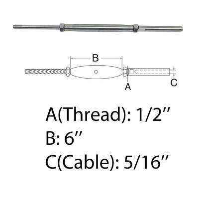 1/2" Thread Rod & Swage Stud Turnbuckle 5/16" Cable T316 Stainless Steel T316