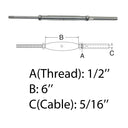 1/2" Thread Rod & Swage Stud Turnbuckle 5/16" Cable T316 Stainless Steel 4 Pcs