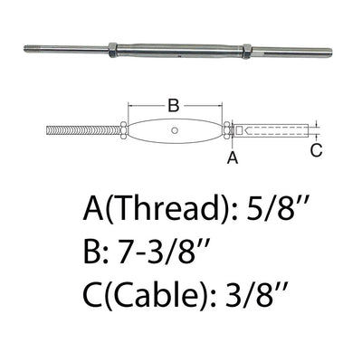 5/8" Thread Rod & Swage Stud Turnbuckle 3/8" Cable T316 Stainless Steel T316